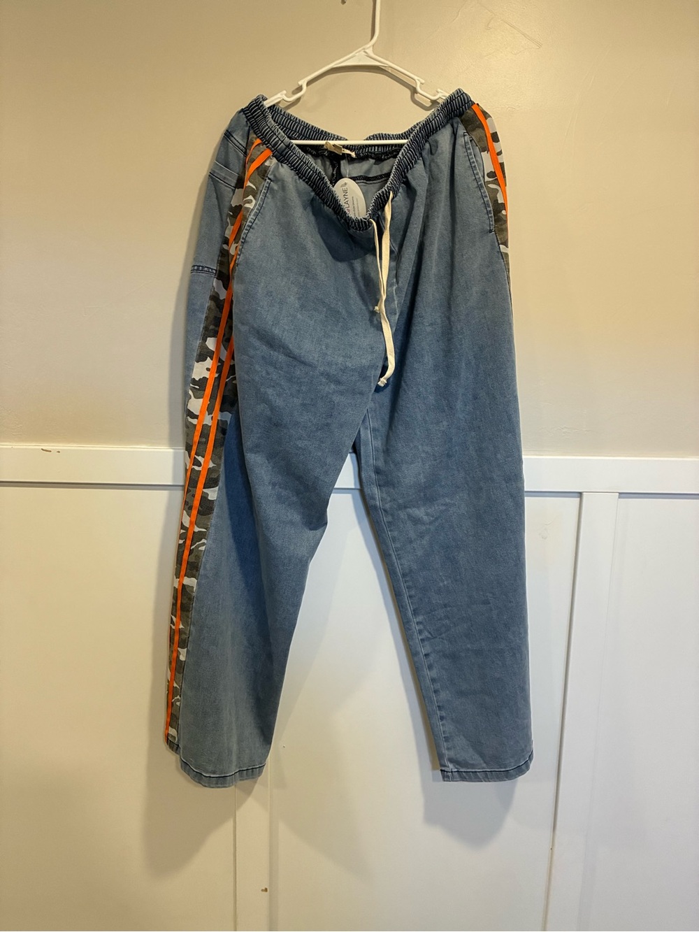 Wide Leg Light Blue Denim Pants with Camo & Orange Side Stripe